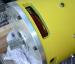 Father Time's Aluminum Work. FT did an artiful design, even on the inside with a conical shaped main bearing support. This  end bell was created from a solid slab of aluminum and replaces 60 lbs. of heavy steel parts, reducing the motor's weight from 390 lbs. to a more reasonable 350 lbs.